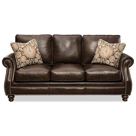 Traditional Leather Sofa with Pillows and Blend Down Cushions